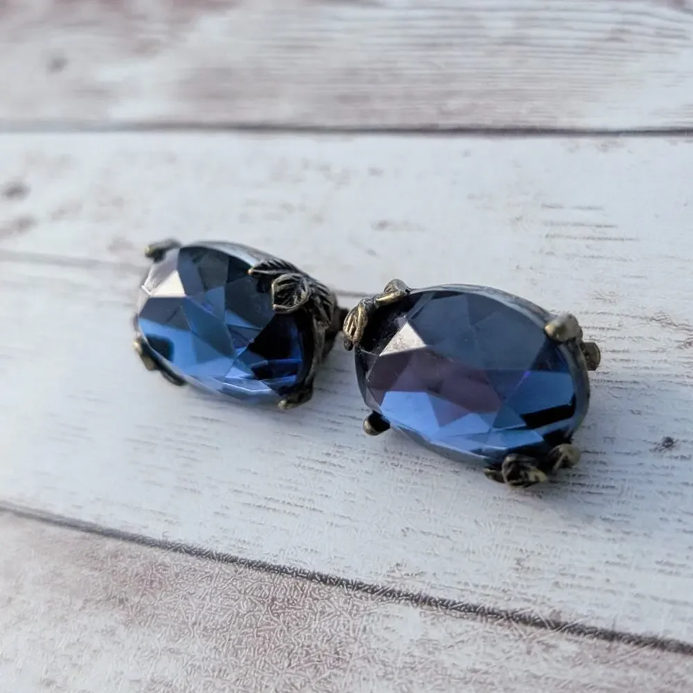 Vintage Clip On Earrings Large Blue Gem with Leaf Detail